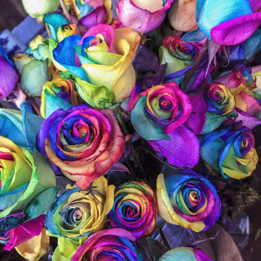 Bouquet of rainbow-dyed roses in vivid colors