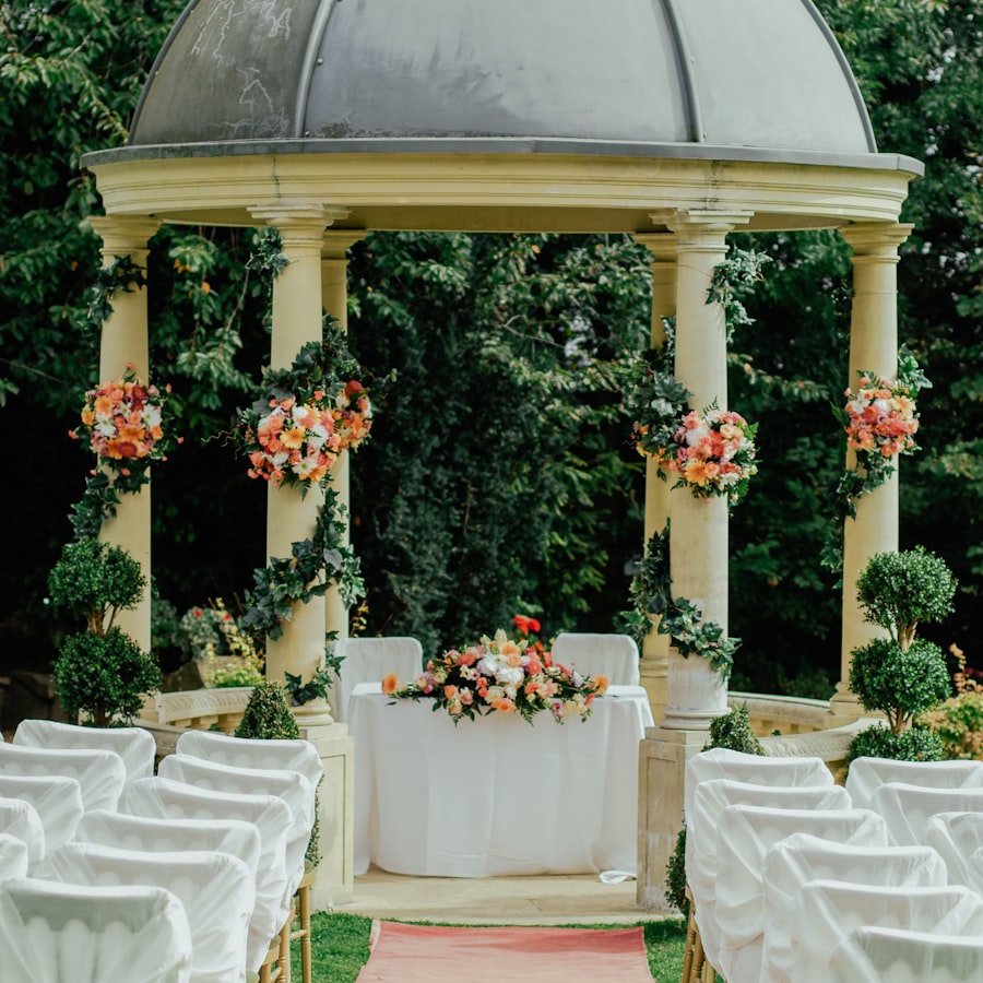 Wedding ceremony floral styling with gazebo